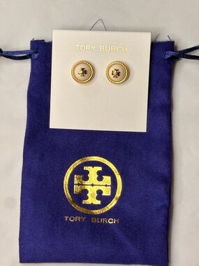 Tory Burch Gold and White Enamel Logo Button Earrings